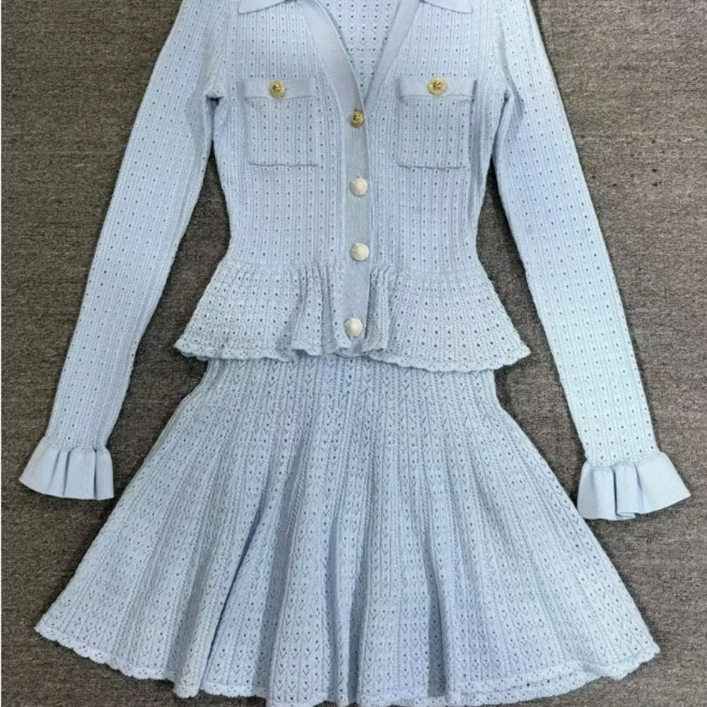 Self-portrait Blue Pointelle Knit Mini Dress - Picture 7 of 9